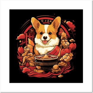 Kawaii Corgi Eating Ramen Noodles Posters and Art